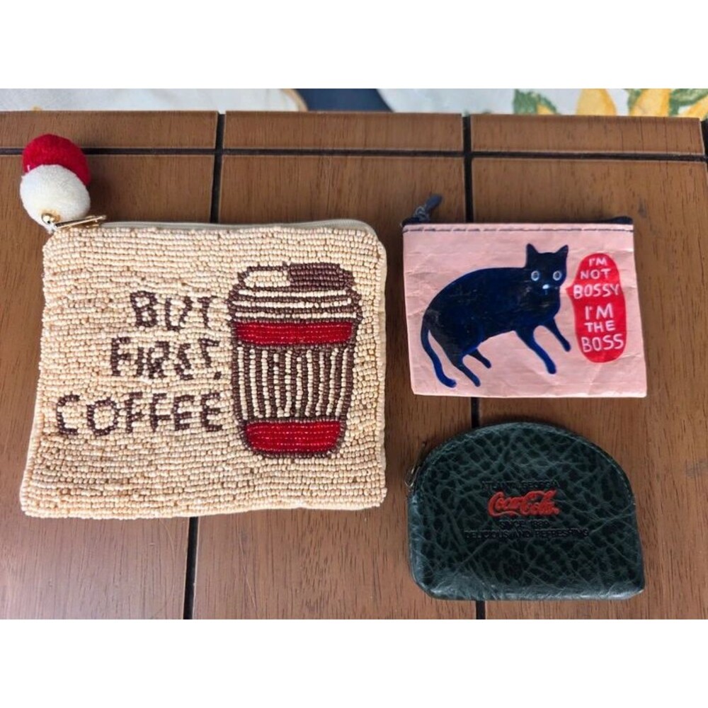 Lot of 3 small coin purses - cat, coke, coffee